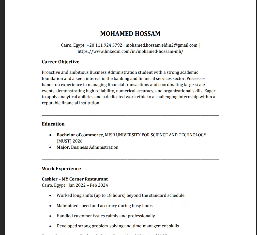 سأقوم بإنشاء سيرة ذاتية (CV) احترافية مصممة خصيصًا لتتوافق مع ATS 