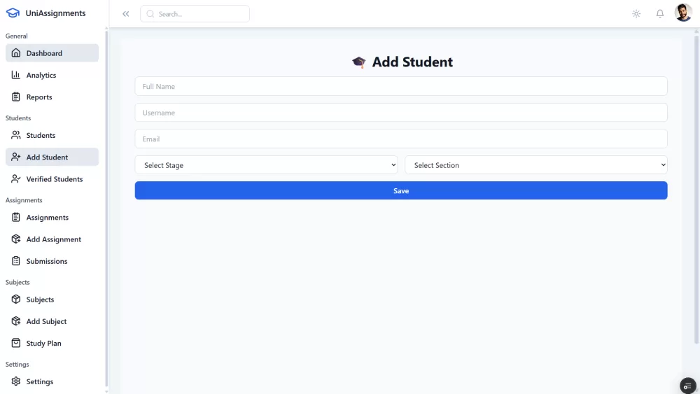 نظام إدارة الجامعة (University Management System) منصة متكاملة لإدارة الطلاب، الكورسات، الدرجات، وجد