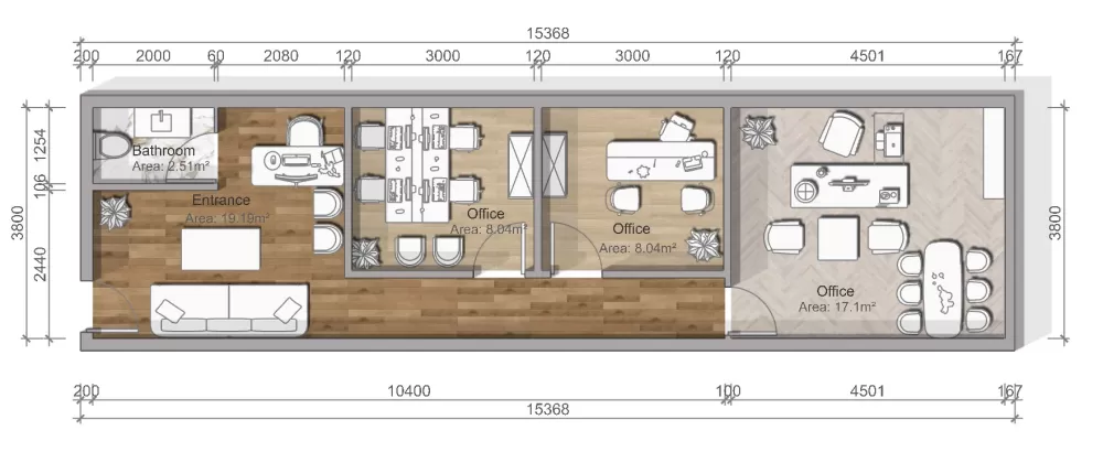 تصميم وفرش وتشطيب مكتب 4*15 م بالسعودية
