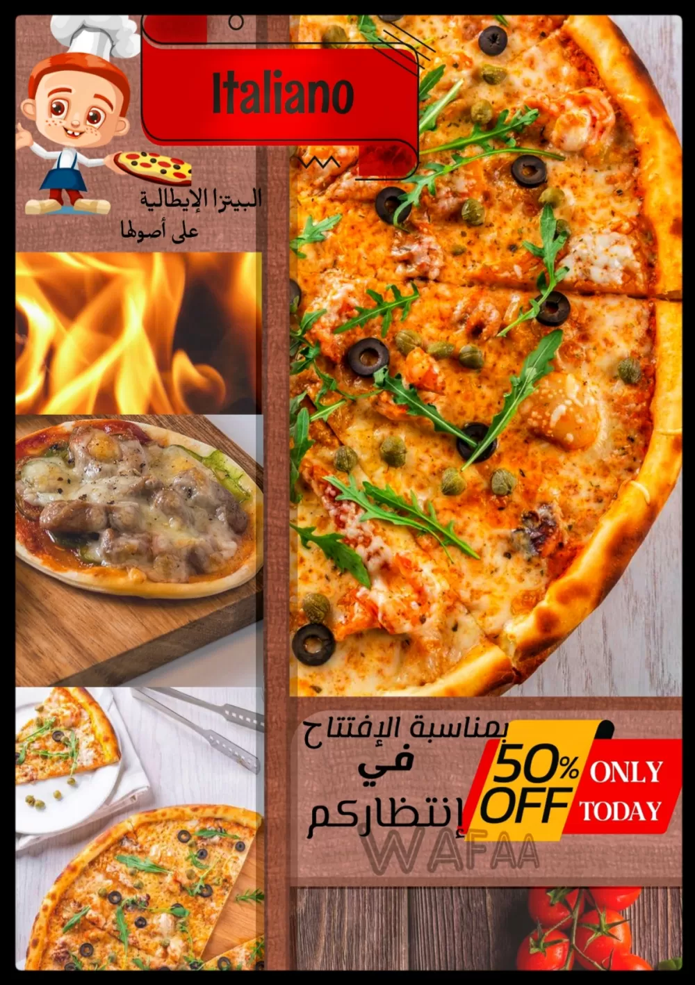 تصميم إعلان تسويقي لعرض افتتاح مطعم "إيطاليانو". إعلان سوشيال ميديا (50% خصم) لمطعم بيتزا إيطالية أص