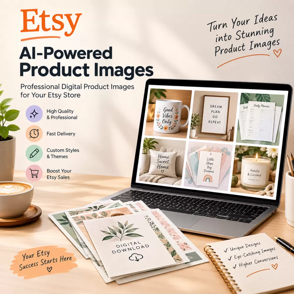 تصميم صور منتجات رقمية احترافية بالذكاء الاصطناعي لمتاجر Etsy